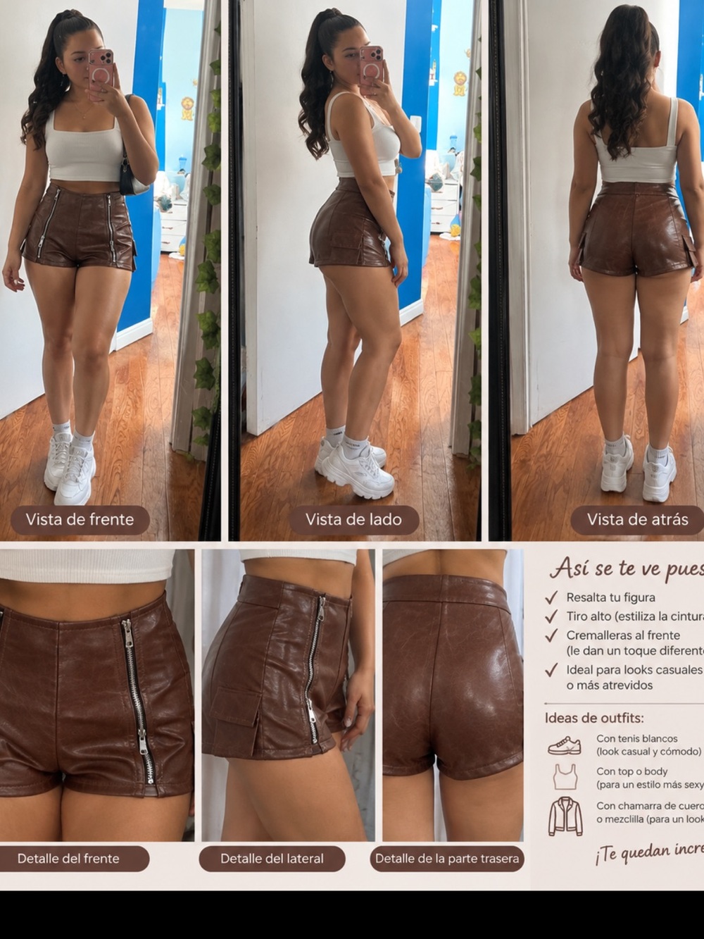 AKIRA Brown Faux Leather High-Waist Shorts with Front Zippers